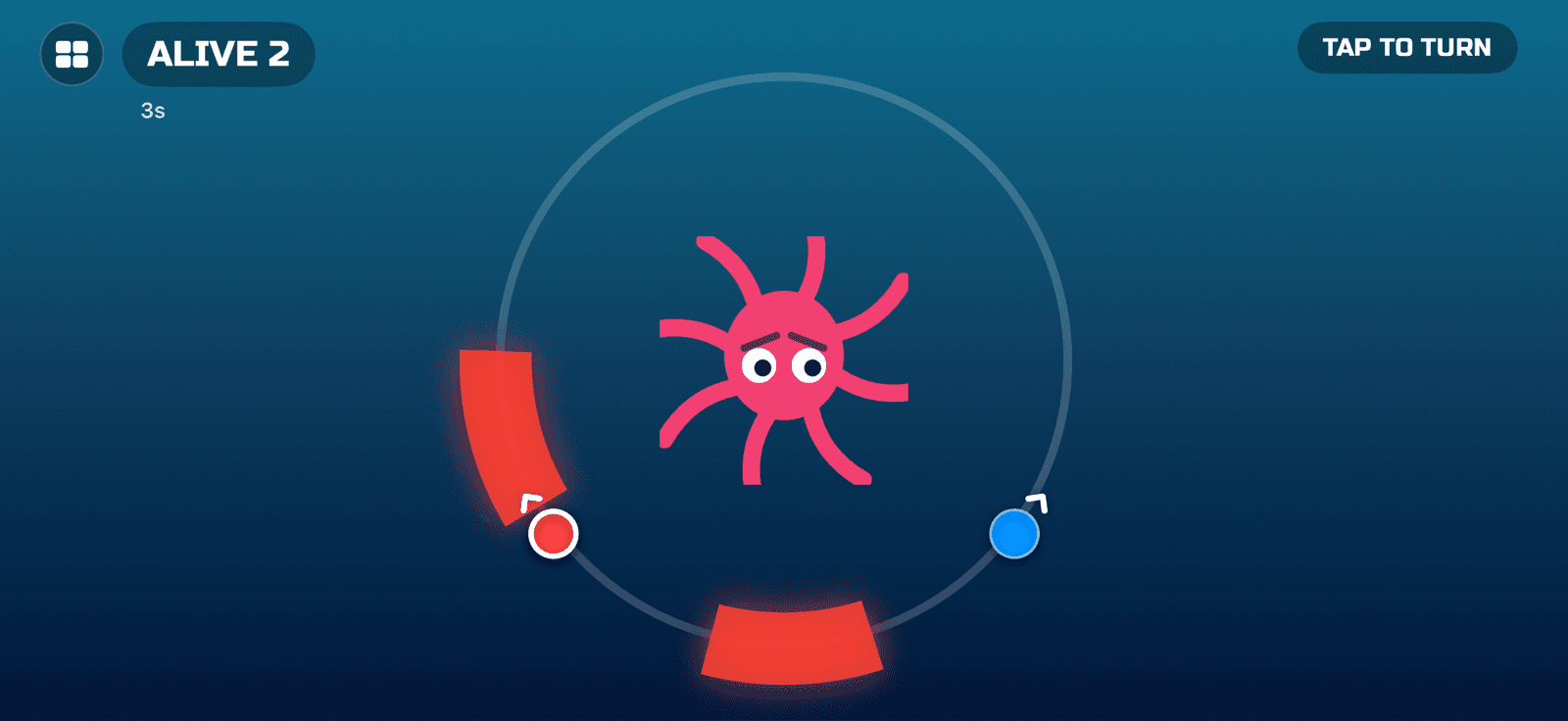 Octopus Panic gameplay — players orbiting a monster while dodging its tentacle attacks