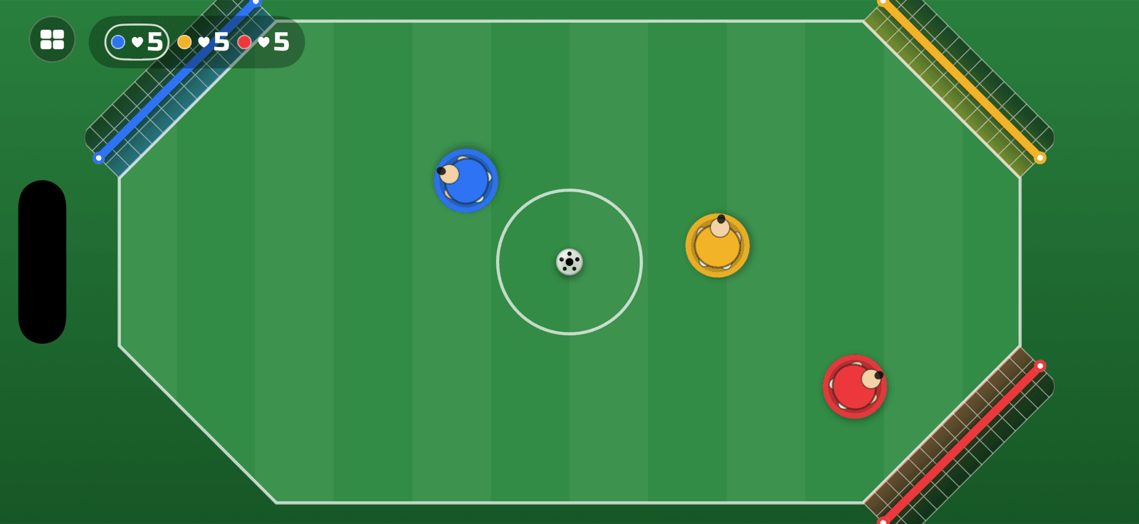 4 Way Football gameplay — four teams on an octagonal pitch chasing one ball