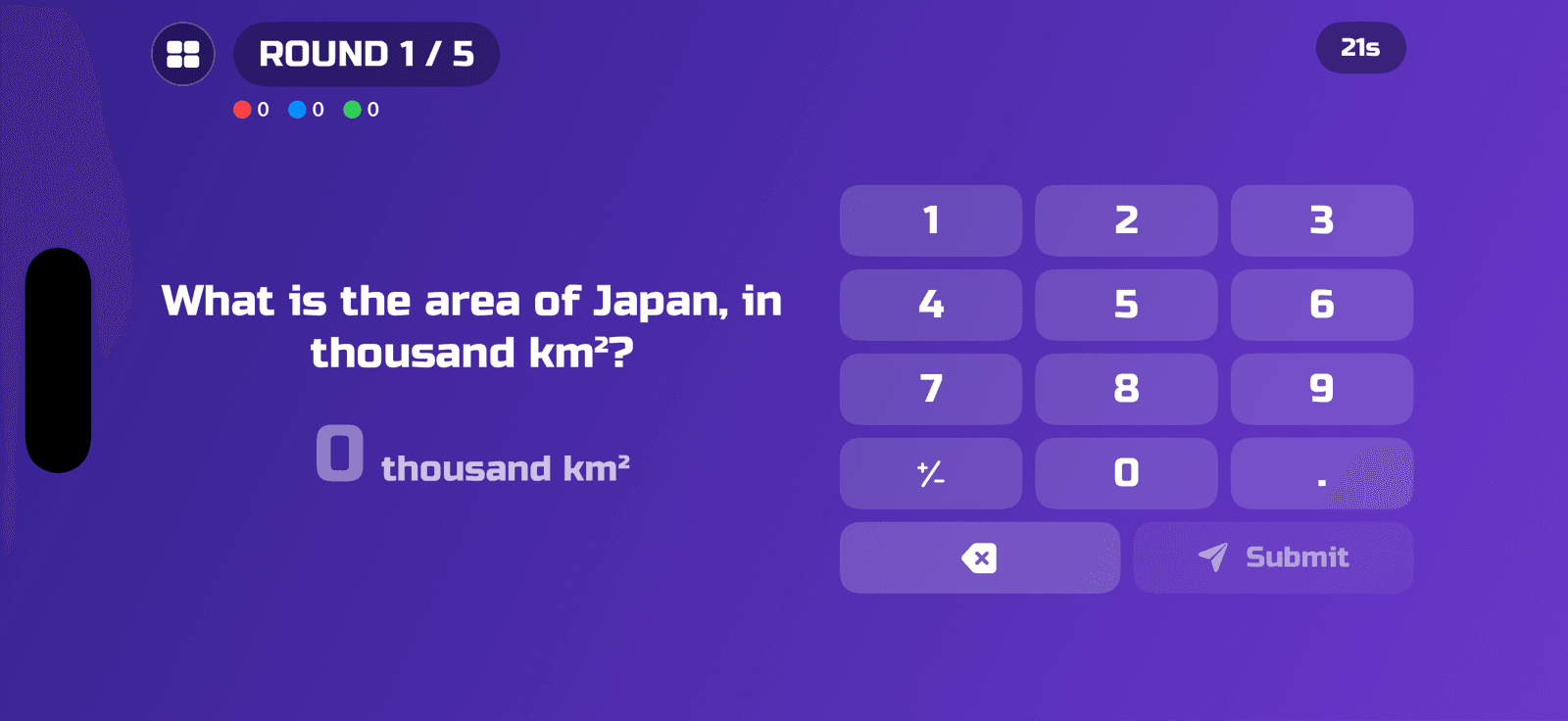 Number Guessing gameplay — a trivia question with a numeric keypad
