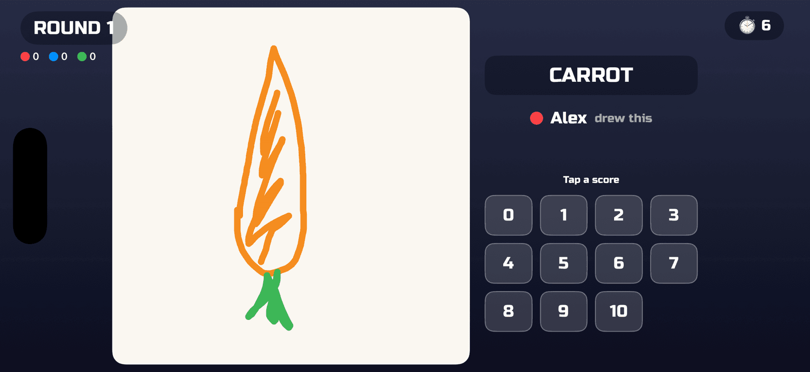 Sketch Off gameplay — a drawn carrot with a 0–10 scoring pad