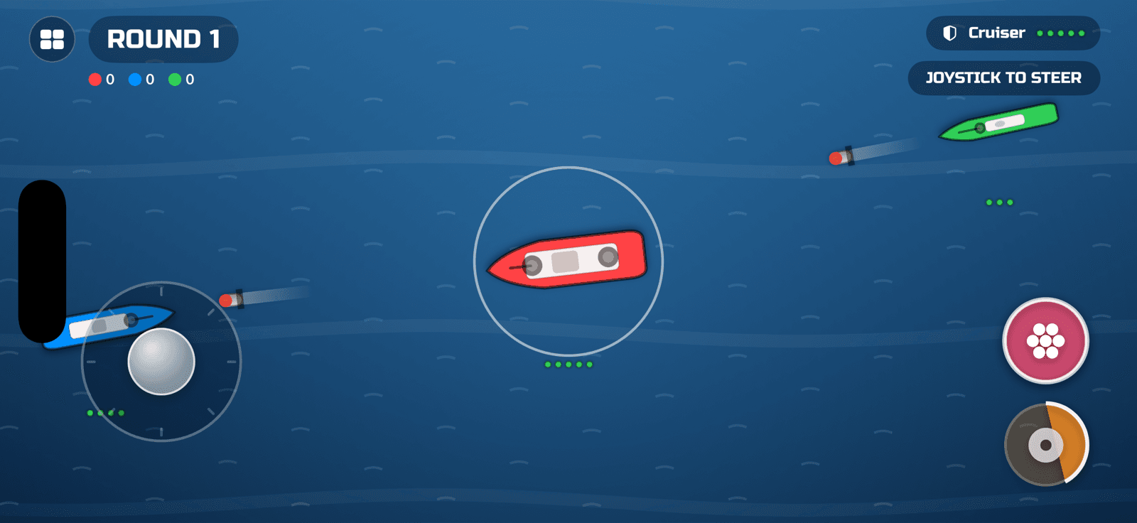 Outplay Sea Battle gameplay — warships firing torpedoes across the ocean