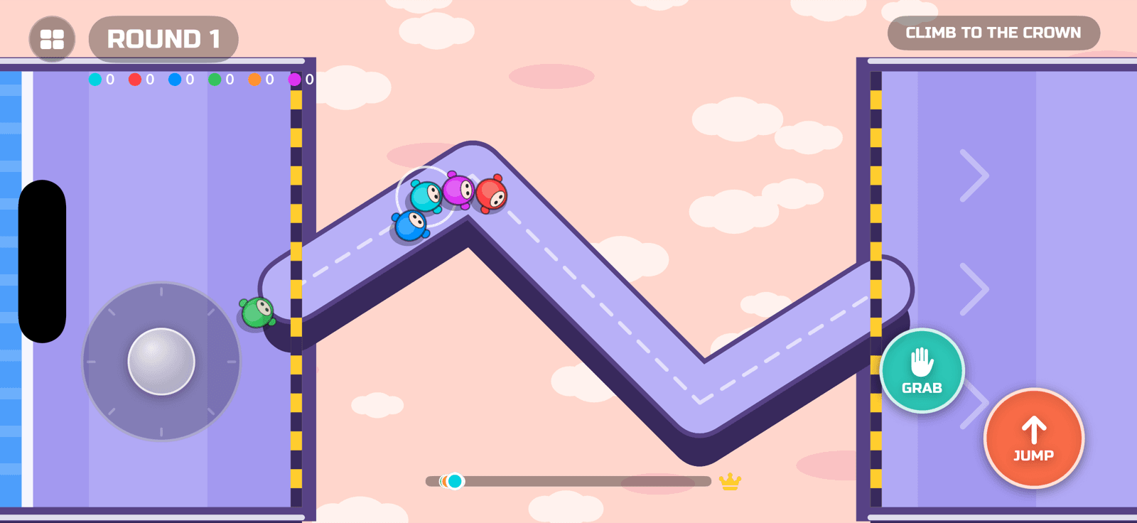 Crown Climb gameplay — beans climbing a zigzag ridge towards a field of bumpers