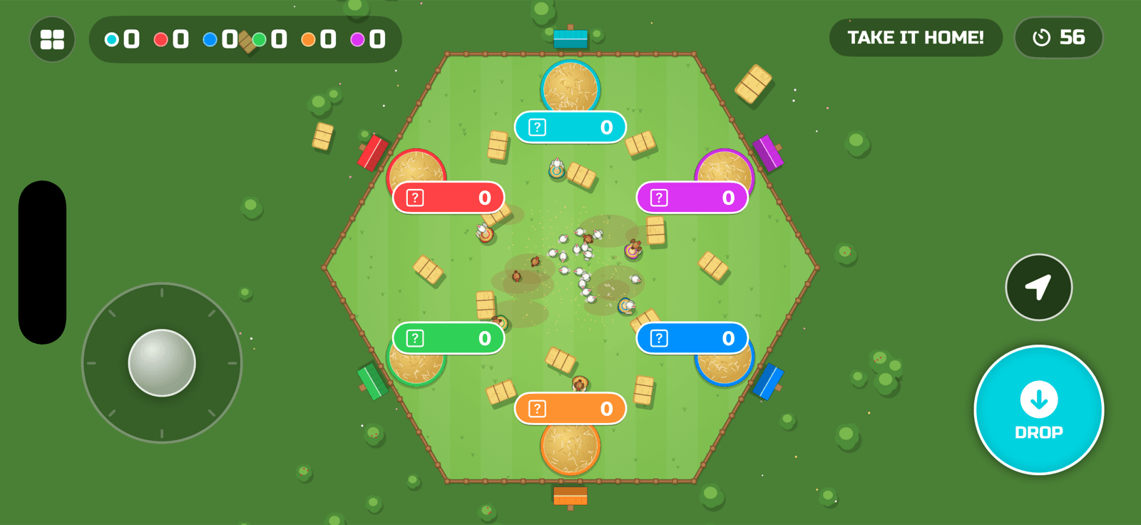 Hen Heist gameplay — farmers carrying chickens between hay bales to straw nests round the farmyard