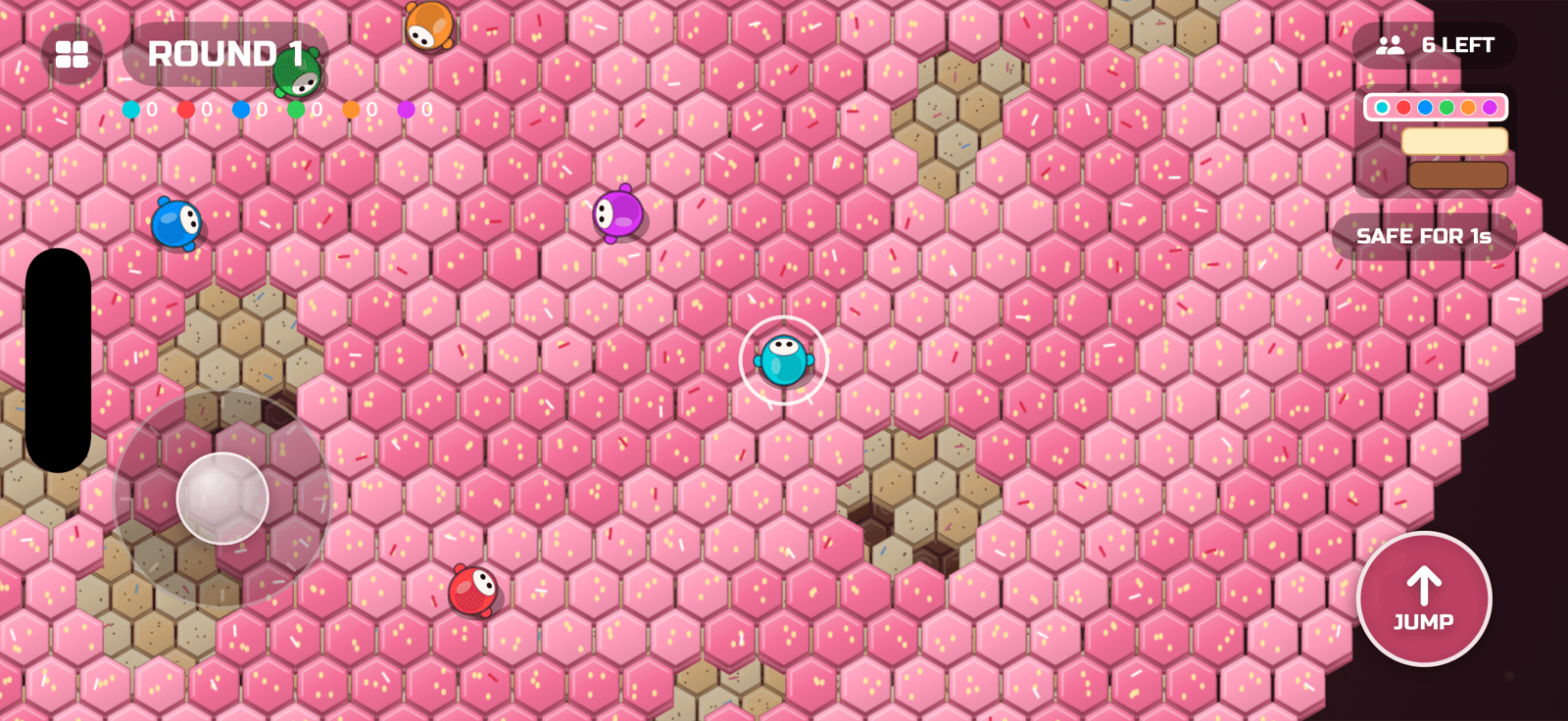Layer Cake gameplay — beans running across pink hex tiles as they crumble into the vanilla floor below