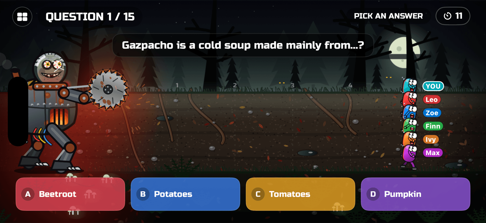 Quiz Chase gameplay — a robot-suit maniac with a buzzsaw chasing the players through night woods, four answers below