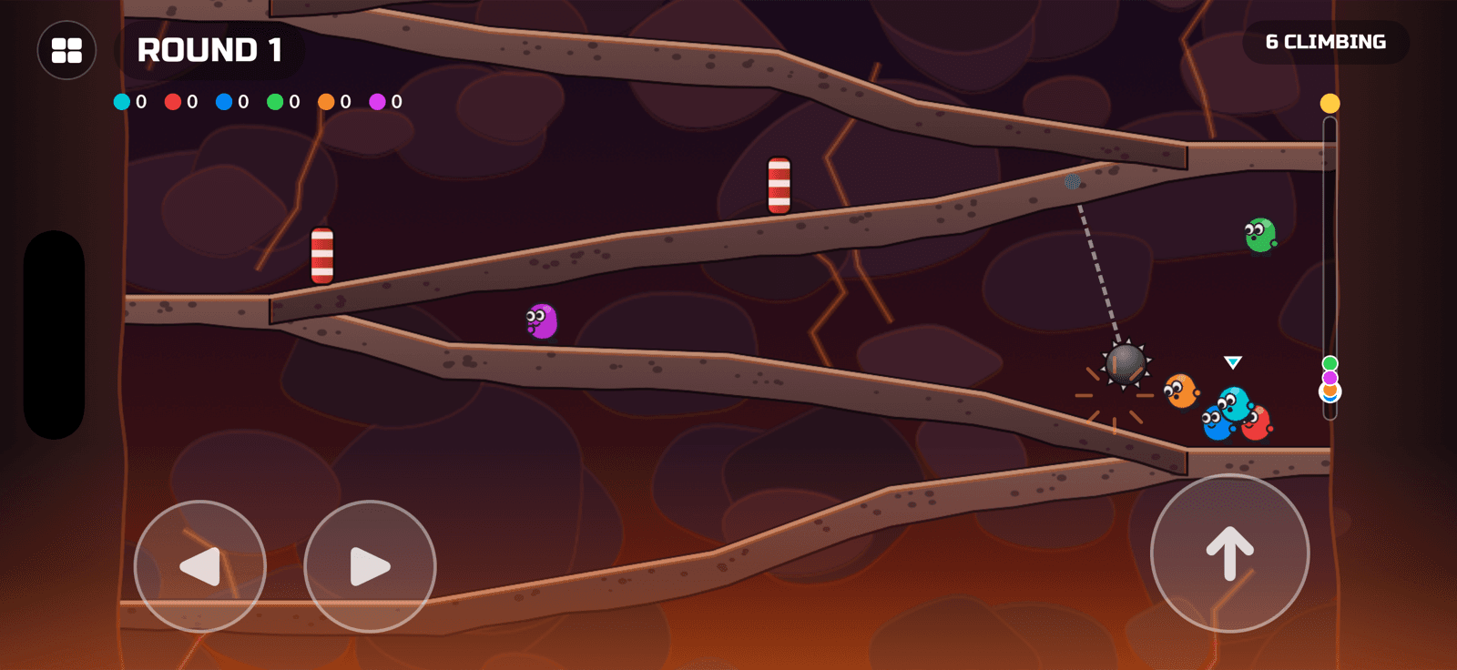 Rising Lava gameplay — climbers running up switchback ramps under swinging spiked balls, lava below