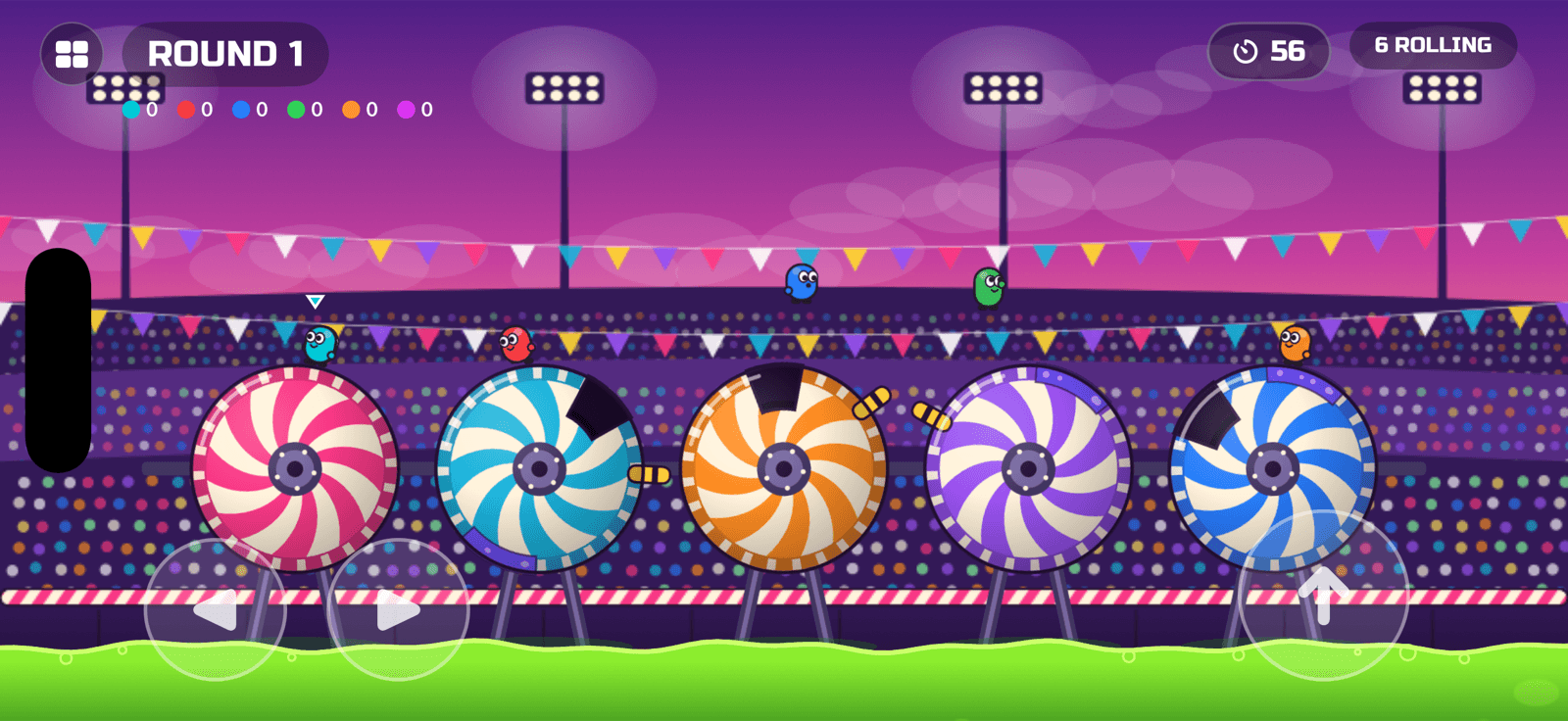 Roll Out gameplay — beans balancing on five giant candy-striped drums over a slime pit