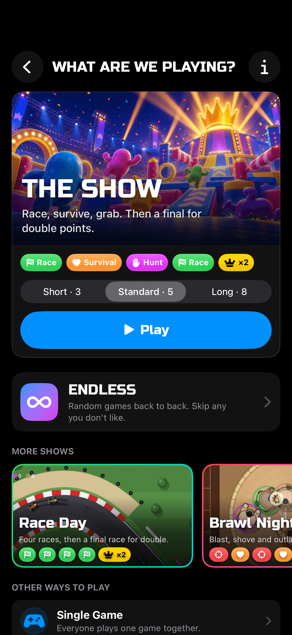 Outplay activity hub — The Show, Endless and themed shows