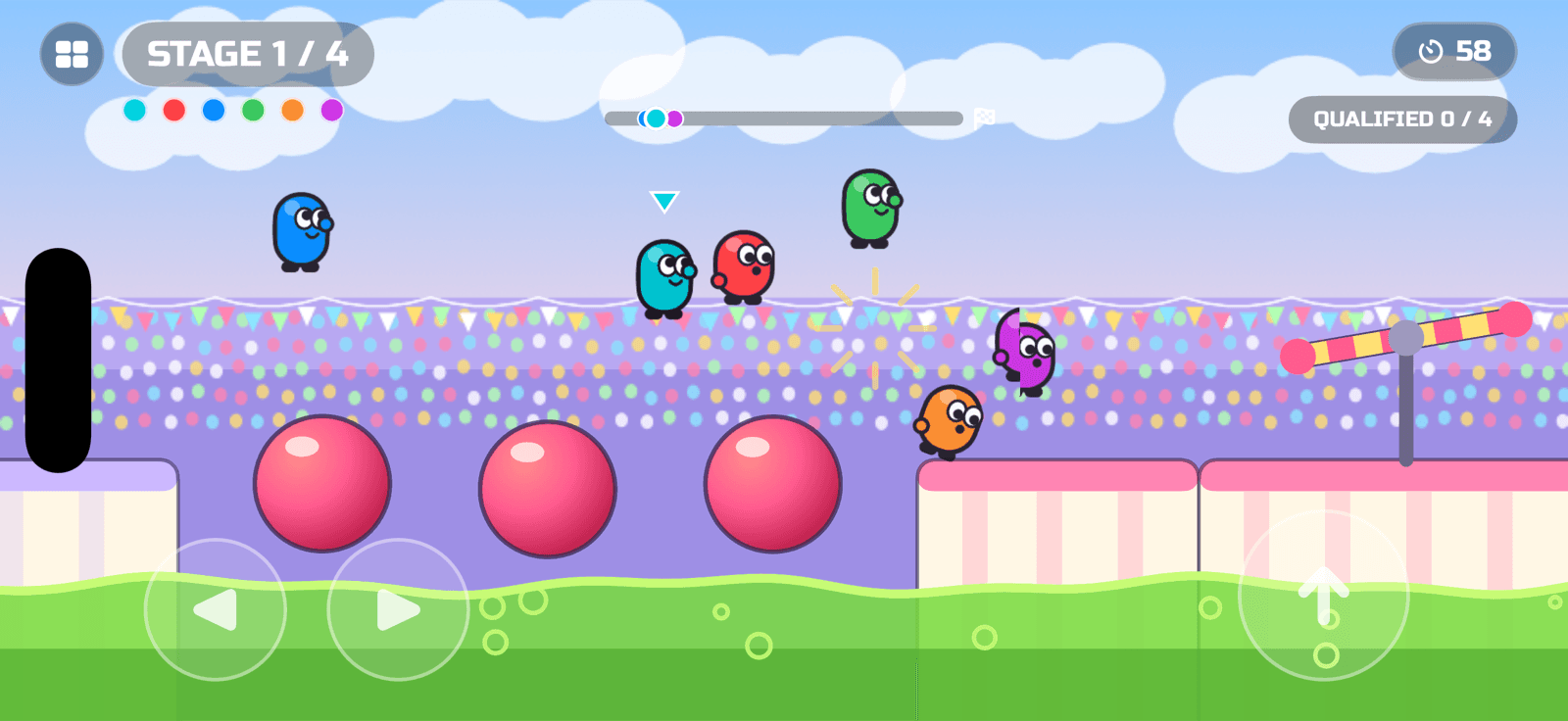 Slime Dash gameplay — beans racing over an obstacle course above green slime