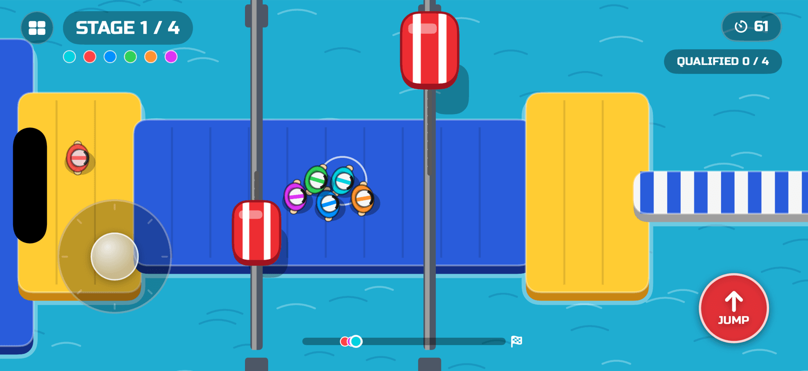 Wipeout gameplay — runners crossing a striped bridge between swinging red hammers over a splash pool
